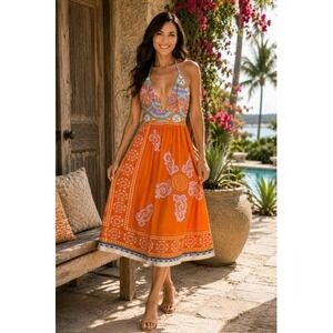 Alice & Trixie Silk Halter Dress XS Orange Paisley Boho Midi Resortwear USA Made